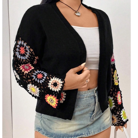 Boho Crochet Knit Open Front Oversized Cardigan - Picture 5 of 6